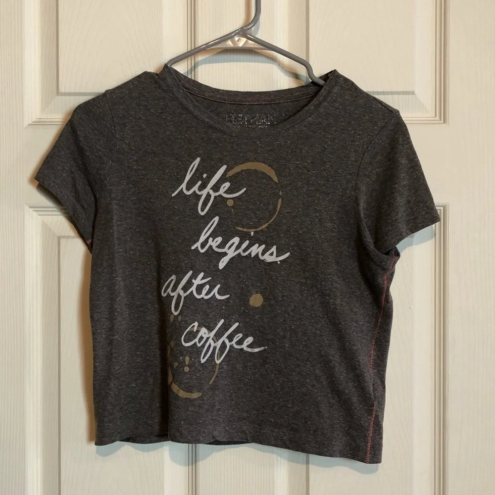 “Life Begins After Coffee” Crop T-shirt Grey XS
